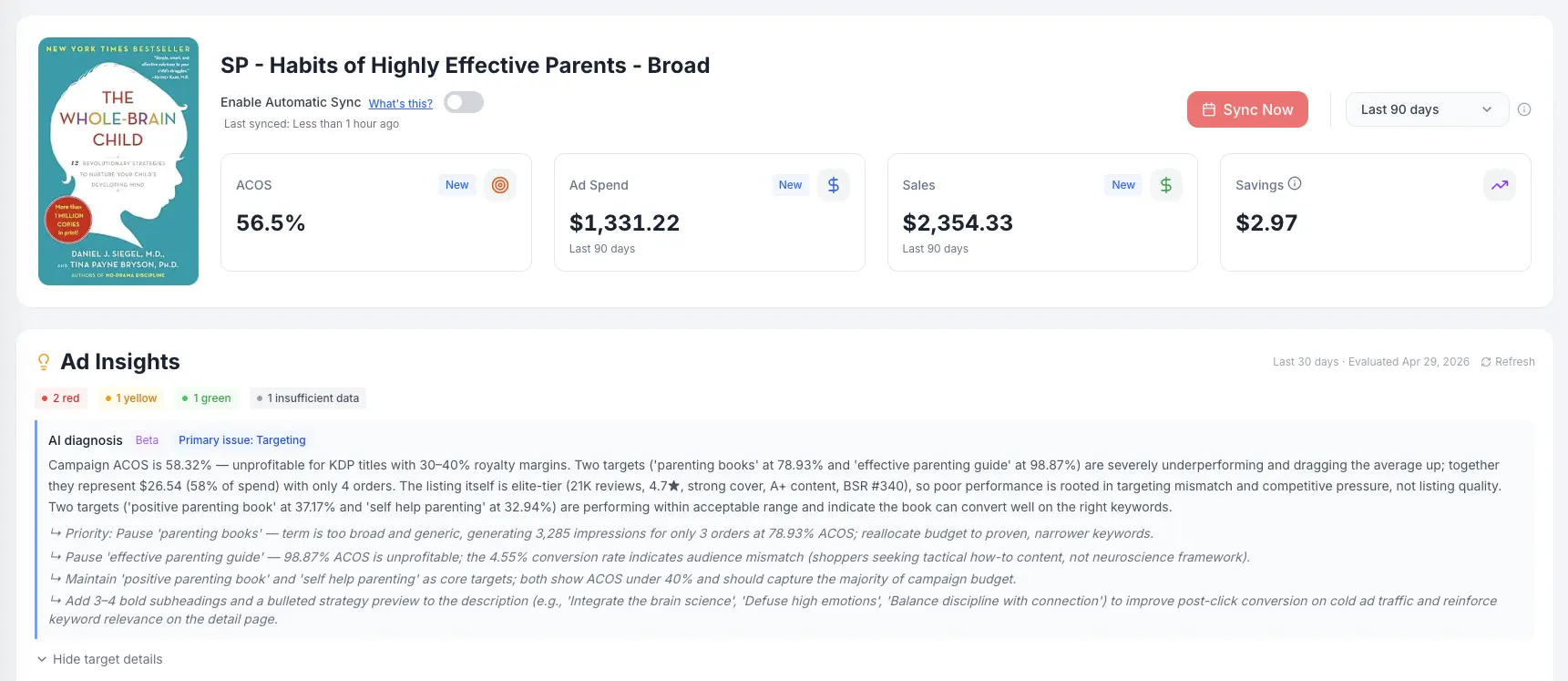 Ad Insights report with green, yellow, and red campaign flags